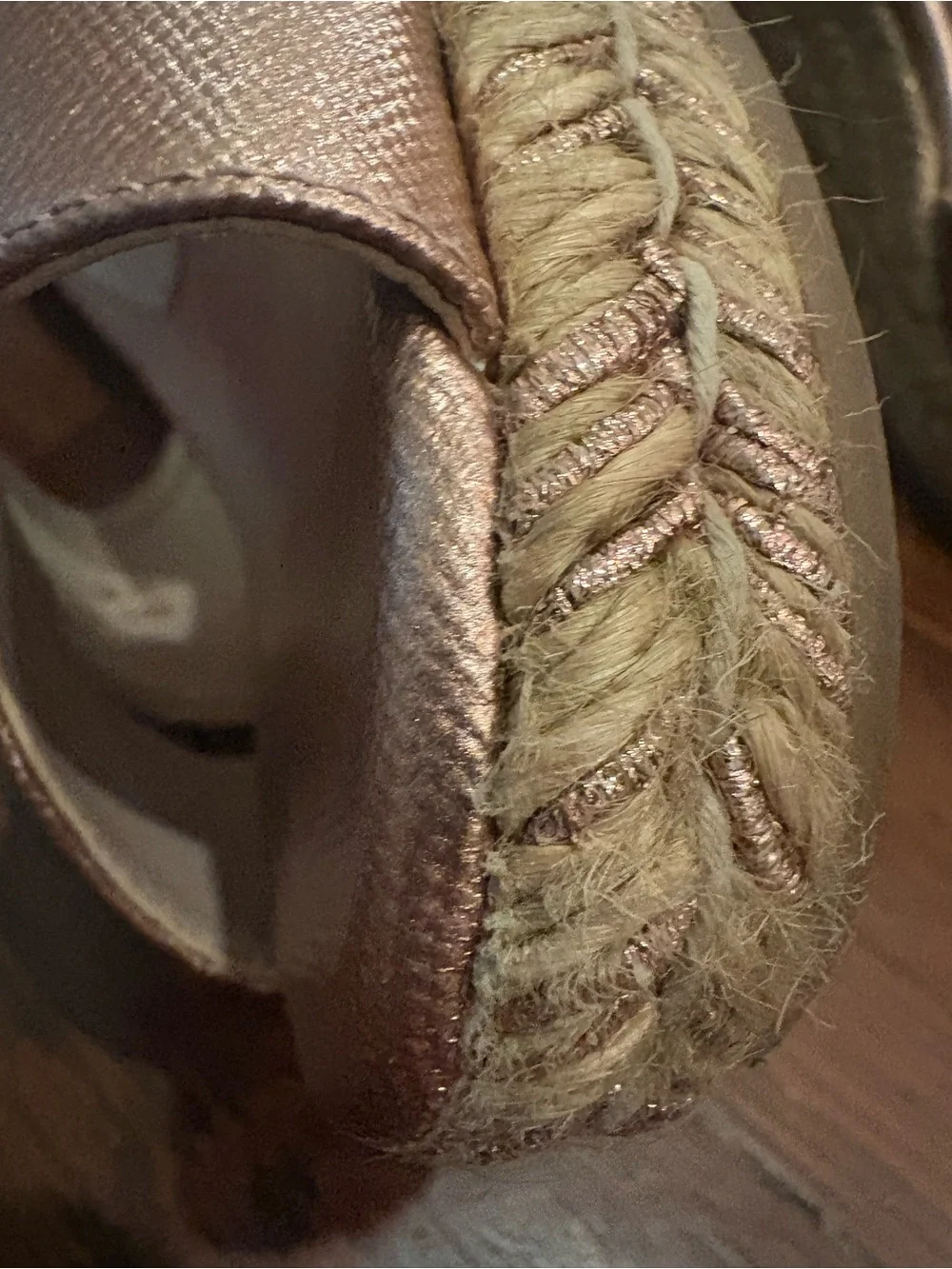Stuart Weitzman Metallic Rose Gold Espadrille Wedge Sandals